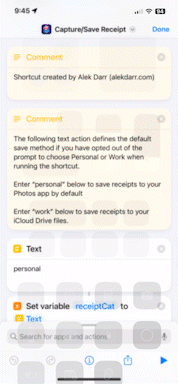 GIF clip illustrating the process to capture a receipt image with the device's camera, and storing the receipt in the Receipts folder within iCloud Drive.